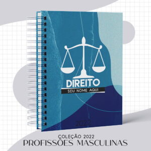 Capa digital de caderno ou agenda azul com símbolo da justiça e texto Direito.