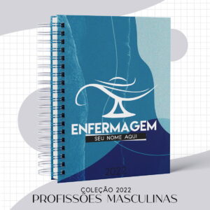 Kit Digital Agenda Masculina Enfermagem para Personalizar 14 Arte digital de caderno azul com símbolo branco e texto 'Enfermagem', 'Seu Nome Aqui', '2022'.