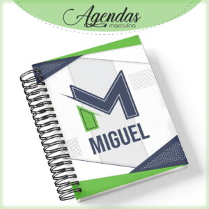 Agenda Digital Masculina Personalizada com Iniciais 11 Arte digital de agenda com capa branca, detalhes verdes e azuis, e letra M.