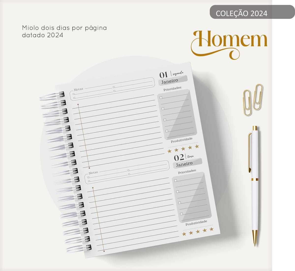 Agenda Masculina Digital Marble Cinza para Encadernação 2 Arte digital de miolo de agenda 2024, dois dias por página, com caneta e clipes.