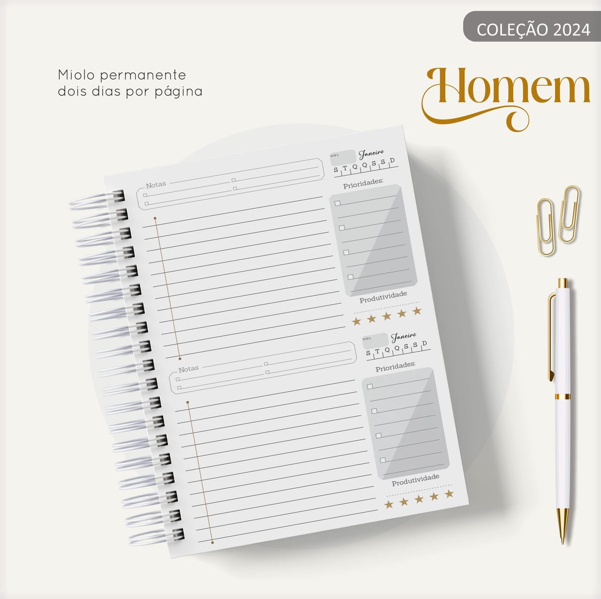 Agenda Masculina Digital Marble Cinza para Encadernação 3 Arte digital de miolo de agenda com dois dias por página, caneta e clipes dourados.