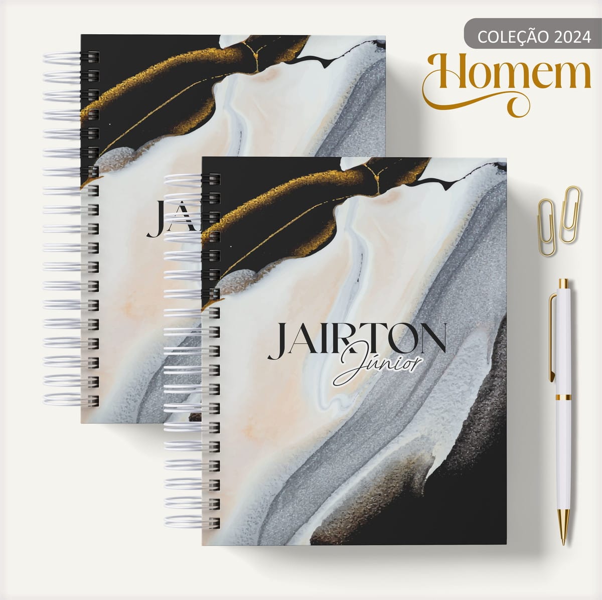 Agenda Masculina Digital Marble Cinza para Encadernação 1 Arte digital para capa de agenda com design abstrato em preto, dourado e cinza.
