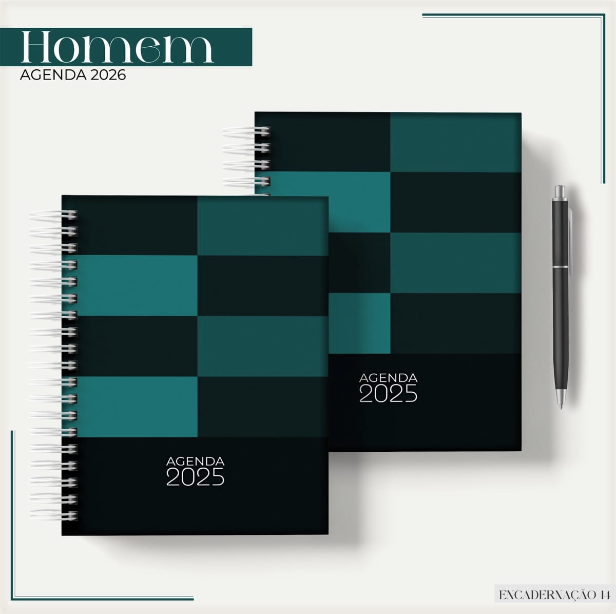 Agenda Masculina Verde 2026 Arquivo Completo para Imprimir 1 Duas agendas espirais com capas quadriculadas em tons verde escuro e preto ao lado.