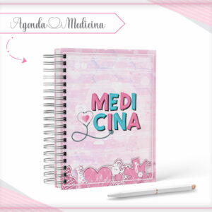 Agenda digital com capa rosa e tema medicina, espiral, texto "MEDICINA" e estetoscópio.