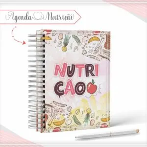 Caderno espiral com ilustrações de alimentos e a palavra nutrição na capa.