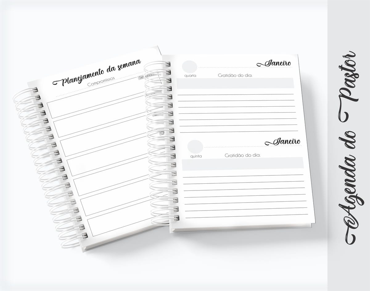 Agenda Pastor Digital Tema Leão para Personalizar 3 Agenda espiral aberta exibindo páginas de planejamento semanal e diário com espaços pautados.