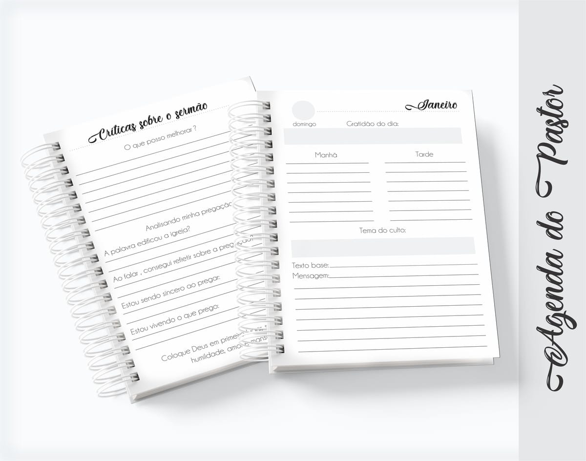 Agenda Pastor Digital Tema Leão para Personalizar 4 Caderno espiral aberto com campos para anotações religiosas e reflexões sobre sermões.