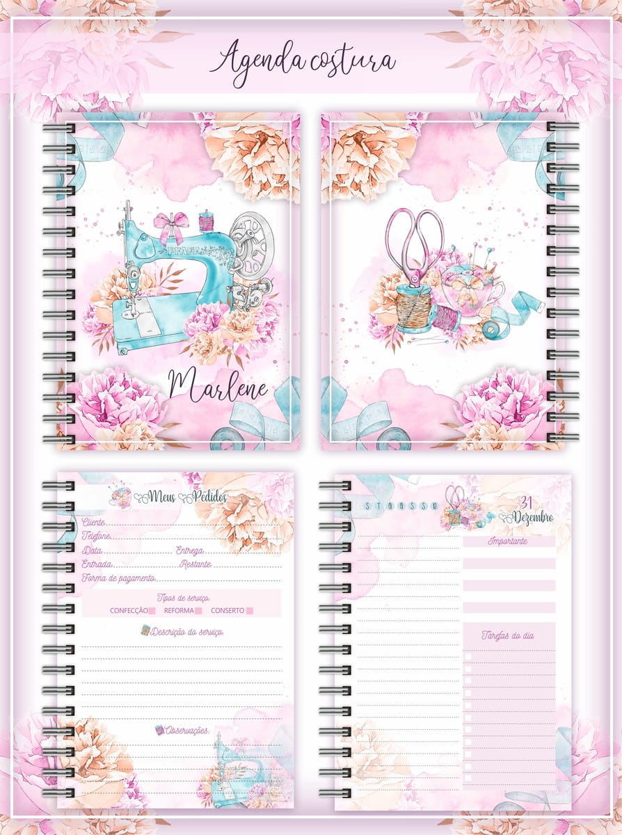 Agenda Permanente Costura Vintage Arquivo Digital 1 Apresentação de páginas de uma agenda espiral de costura com ilustrações em aquarela.