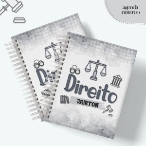 Duas capas digitais de caderno com tema de Direito e ícones jurídicos.