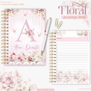 agenda rosa floral 2026 arquivo digital encadernacao