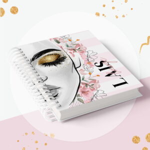 Arte digital de rosto feminino com maquiagem dourada, flores e texto.