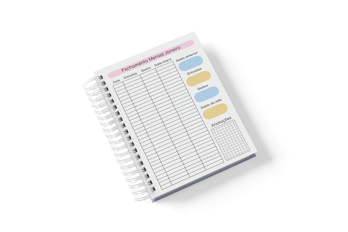 Agendamentos Datados 2026 Floral para Planners e Agendas 5 Caderno espiral aberto exibindo páginas com tabelas financeiras para controle mensal.