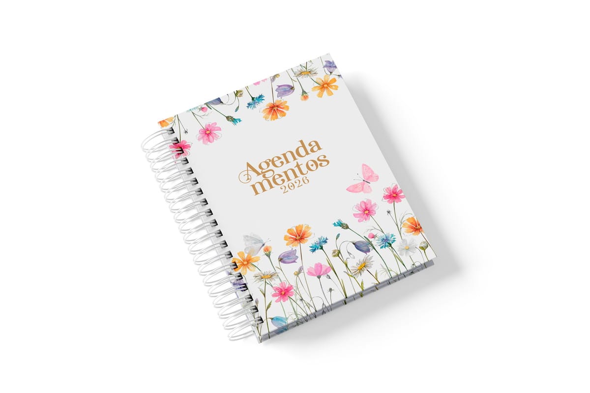 Agendamentos Datados 2026 Floral para Planners e Agendas 1 Agenda com capa branca decorada com flores coloridas e texto centralizado