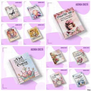 Arte digital de nove agendas cristãs com capas de temas religiosos variados.