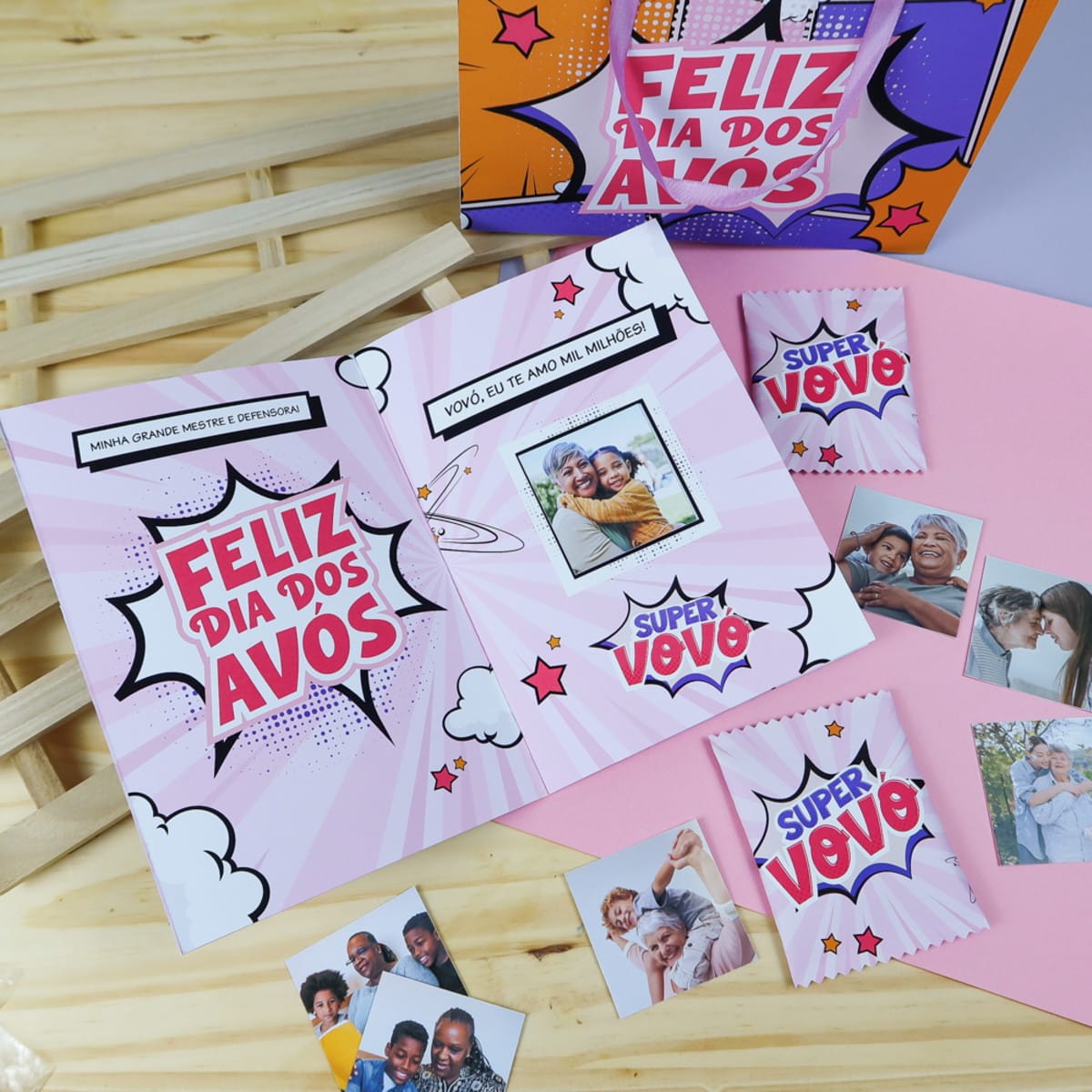 Álbum de Figurinhas Super Vovó para o Dia dos Avós 4 Design de cartão e imagens para o Dia dos Avós, estilo pop art.