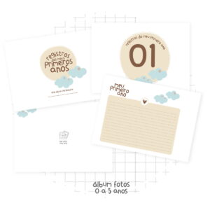 Arte digital de álbum para registrar os primeiros anos, com páginas decoradas.