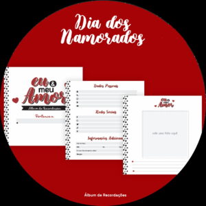 Arte digital de álbum de recordações para o Dia dos Namorados com páginas de dados e fotos.