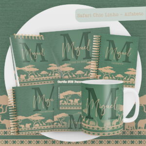 Coleção digital de papelaria e caneca com design de safari, inicial e nome personalizado.