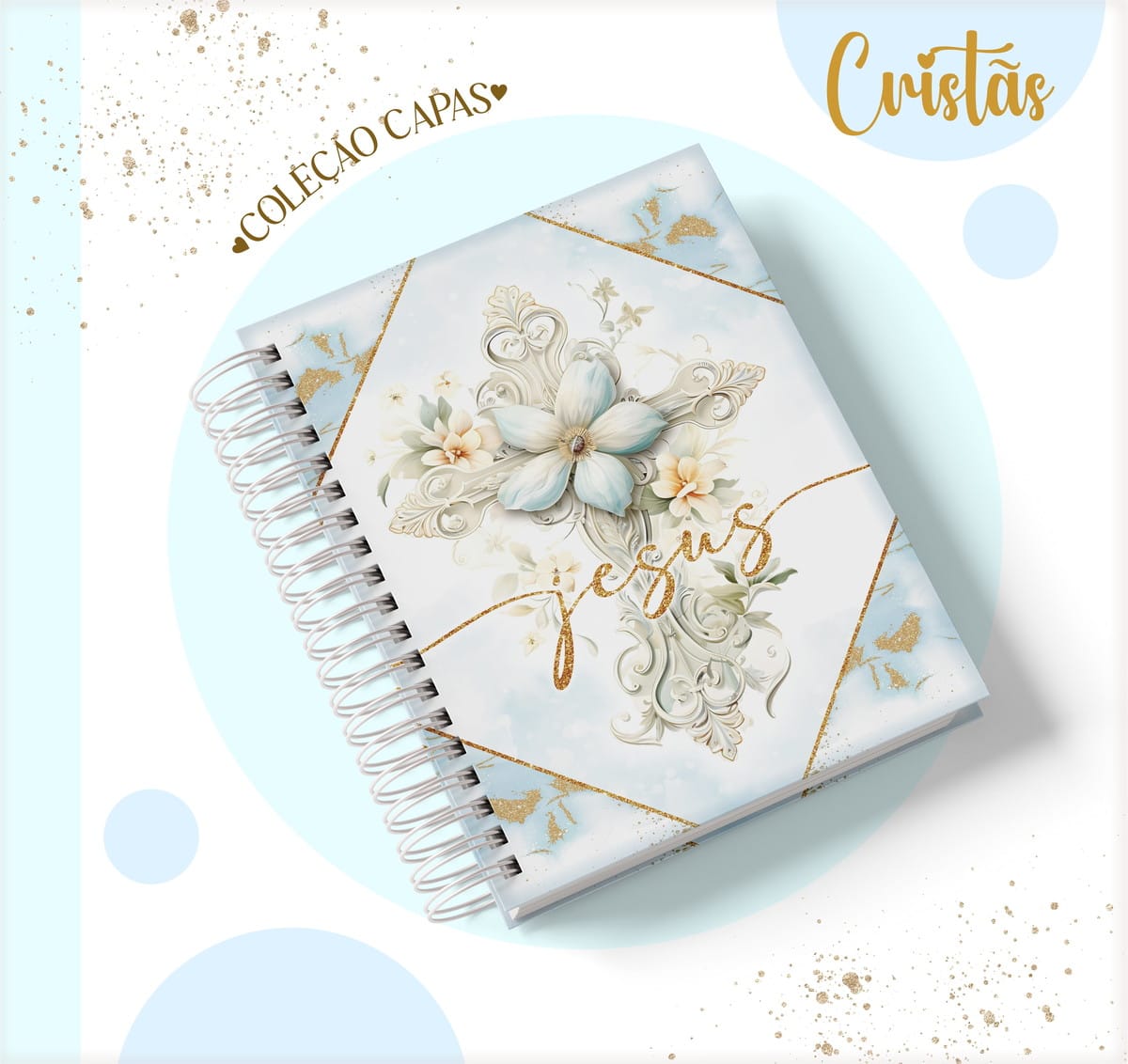 Kit Digital Capas Católicas PNG e PDF para Personalizar 2 Arte digital de capa com cruz floral, 'Jesus' em dourado, e tons pastéis.