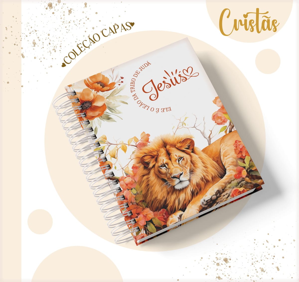Kit Digital Capas Católicas PNG e PDF para Personalizar 3 Arte digital de capa com leão, flores e texto bíblico.