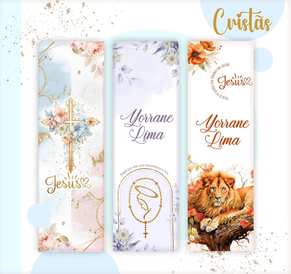 Kit Digital Capas Católicas PNG e PDF para Personalizar 4 Três artes digitais cristãs com cruz floral, rosário e leão majestoso.