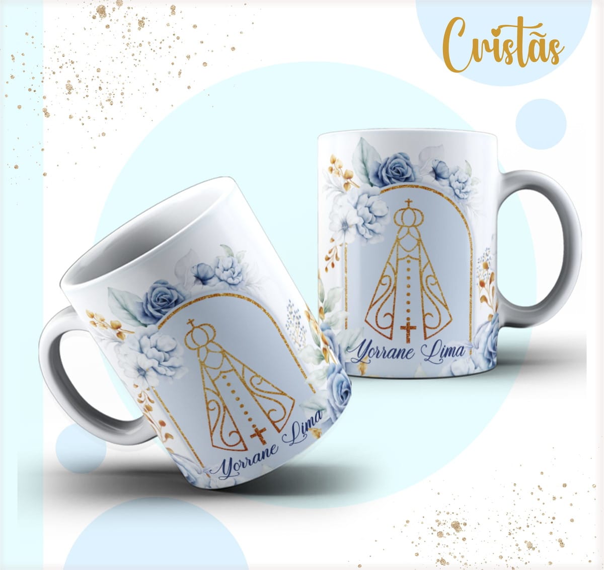 Kit Digital Capas Católicas PNG e PDF para Personalizar 5 Arte digital de canecas brancas com design de Nossa Senhora Aparecida e flores azuis.