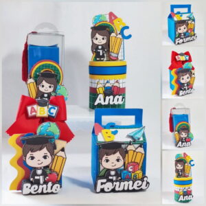 Arte digital de lembrancinhas de formatura com personagens e elementos escolares coloridos.