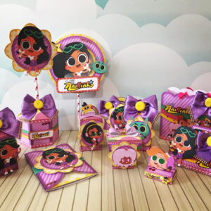Representação digital de decorações de festa com personagem de desenho animado.