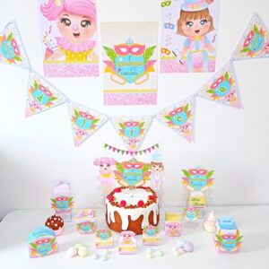 Arte digital de kit festa infantil com tema de carnaval, incluindo pôsteres, bandeiras e toppers.