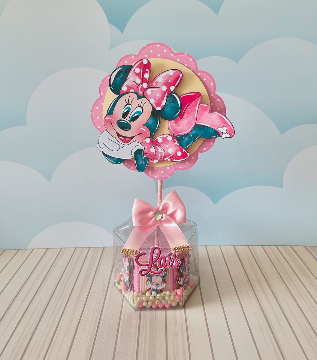 Arquivo de Corte Centro de Mesa Minnie Luxo em STUDIO e PDF 1 Topo de bolo personalizado com personagem de desenho animado e laço rosa