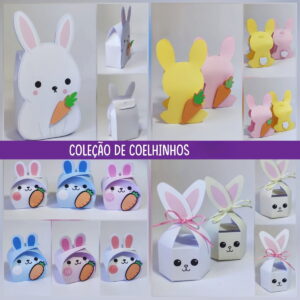 Arte digital de caixas de coelhinhos em papel, com designs variados e coloridos.
