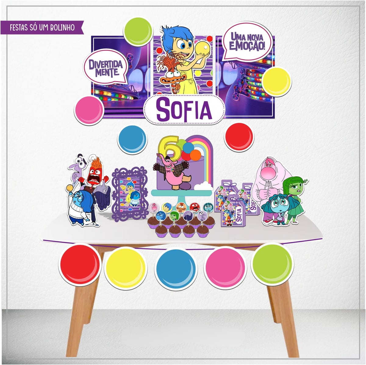 Arquivo de Corte Divertidamente Só Um Bolinho Studio e PDF 1 Decorações de festa digital com tema de emoções, incluindo banners, toppers e caixas personalizadas.