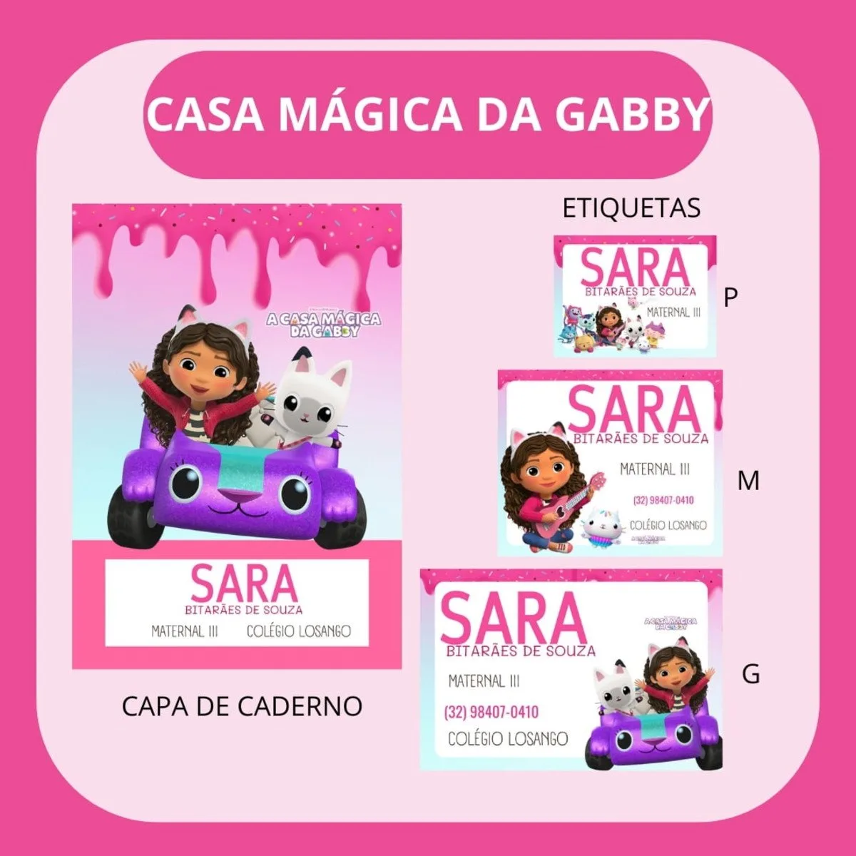 Kit digital rosa contendo capas de caderno e etiquetas personalizadas com desenhos animados infantis.