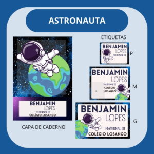 Arte digital de capa de caderno e etiquetas escolares com tema de astronauta.