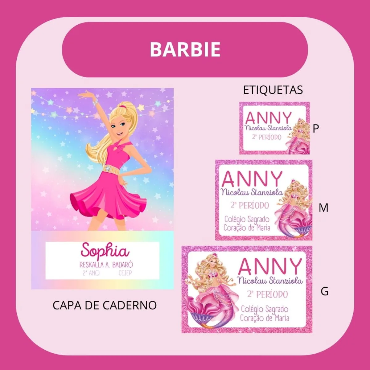 Design digital com boneca, etiquetas escolares e capa de caderno em fundo rosa.