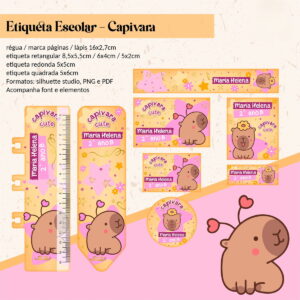 Arte digital de etiquetas escolares com tema de capivara em várias formas.