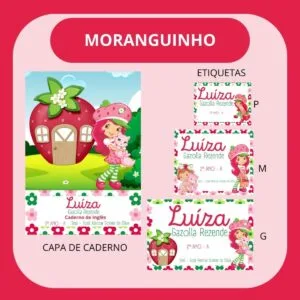 Kit de artes digitais com tema de morango para capas e etiquetas escolares personalizadas.
