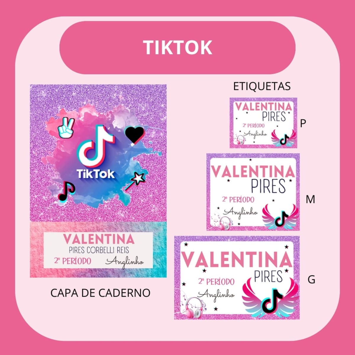 Arquivo de Corte Etiqueta Escolar TikTok para Personalizar 1 Arte digital de capa de caderno e etiquetas com tema musical.
