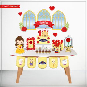 Arte digital de decoração de festa temática com bolo, doces e personagens.