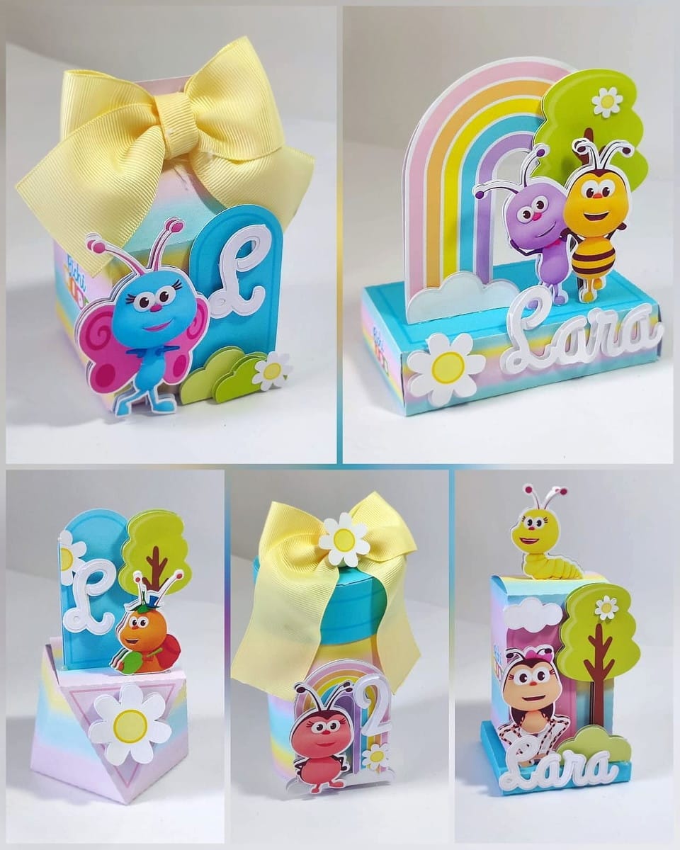 Arquivo de Corte Festa Bichikids em Studio e PDF 1 Arte digital de caixas decorativas com tema de insetos, arco-íris e flores em tons pastel.