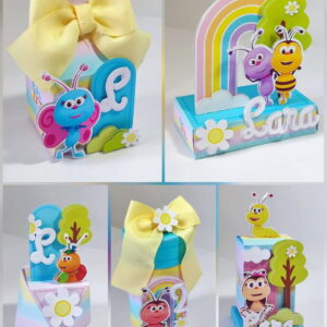Arquivo de Corte Festa Bichikids em Studio e PDF 14 Arte digital de caixas decorativas com tema de insetos, arco-íris e flores em tons pastel.