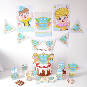 Designs de arte digital para festa infantil de carnaval, com personagens e emblemas coloridos.