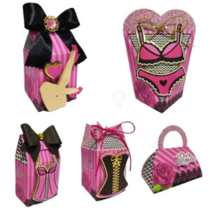 Cinco artes digitais de caixas decoradas com tema de lingerie em rosa e preto.