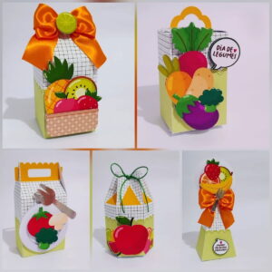 Arquivo de Corte Festa Frutinhas em Studio e PDF 37 Designs digitais coloridos de caixas com frutas e vegetais para celebrações.