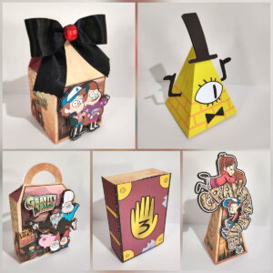 Coleção de itens decorativos de papel temáticos com personagens de desenho animado colorido.