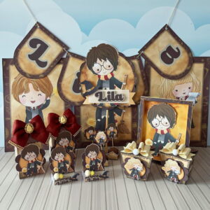 Arquivo de Corte Harry Potter para Festa em Studio e PDF 7 Decoração de festa temática de bruxos com personagens infantis e o nome Lila.