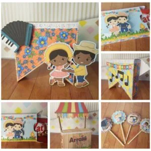 Decorações de papel personalizadas com temas de festas juninas e casais de caipiras.