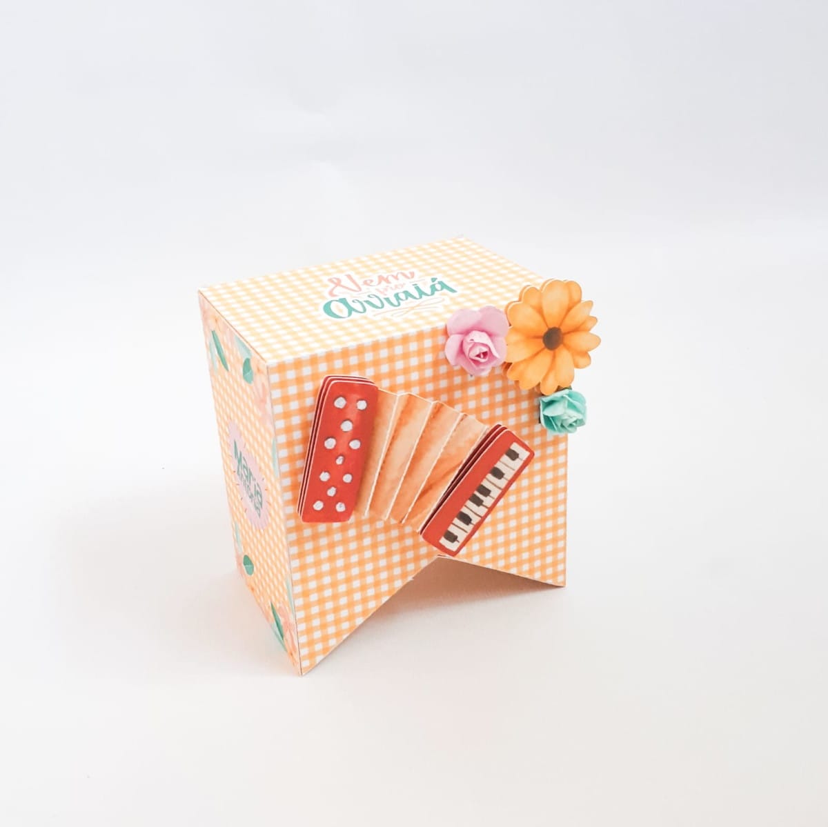 Arquivo de Corte Festa Junina Studio para Lembrancinhas 2 Caixa decorativa digital xadrez laranja com sanfona, flores e texto 'Arraiá'.