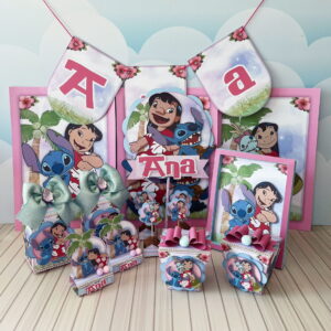 Arquivo de corte Lilo e Stitch rosa para sua festa 16 Arte digital para decorações de festa com Lilo e Stitch em tema tropical.