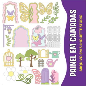Ilustrações de elementos de jardim, borboletas, cercas e árvores com estilo de camadas.